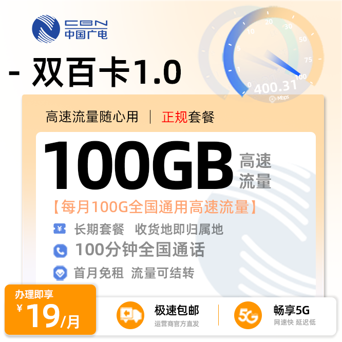 广电双百卡1.0（可选号）丨19元/月享100G全国通用+100分钟通话（在线选号）