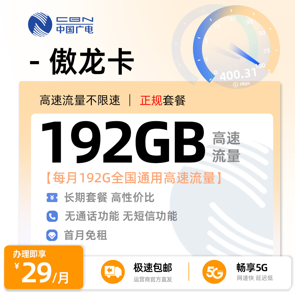 广电傲龙卡丨29元/月享192G全国通用流量
