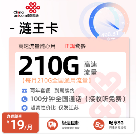 联通涟王卡【仅发江苏】丨19元/月享210G全国通用+100分钟通话