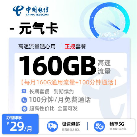 电信元气卡丨29元/月享160G通用流量+100分钟通话